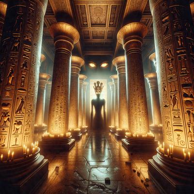 The primary subject of the image is a statue of a woman, possibly a goddess, standing in a temple. The setting is a dark, ancient-looking temple with pillars and a stone floor. The visual style is a combination of photo and digital art, creating a realistic yet artistic representation of the scene. The colors and mood are dark and mysterious, emphasizing the ancient and mysterious atmosphere of the temple.